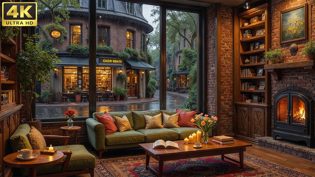 Cozy March Café Ambience ☕ Soft Jazz Piano & Fireplace Sounds for Study, Work & Relax