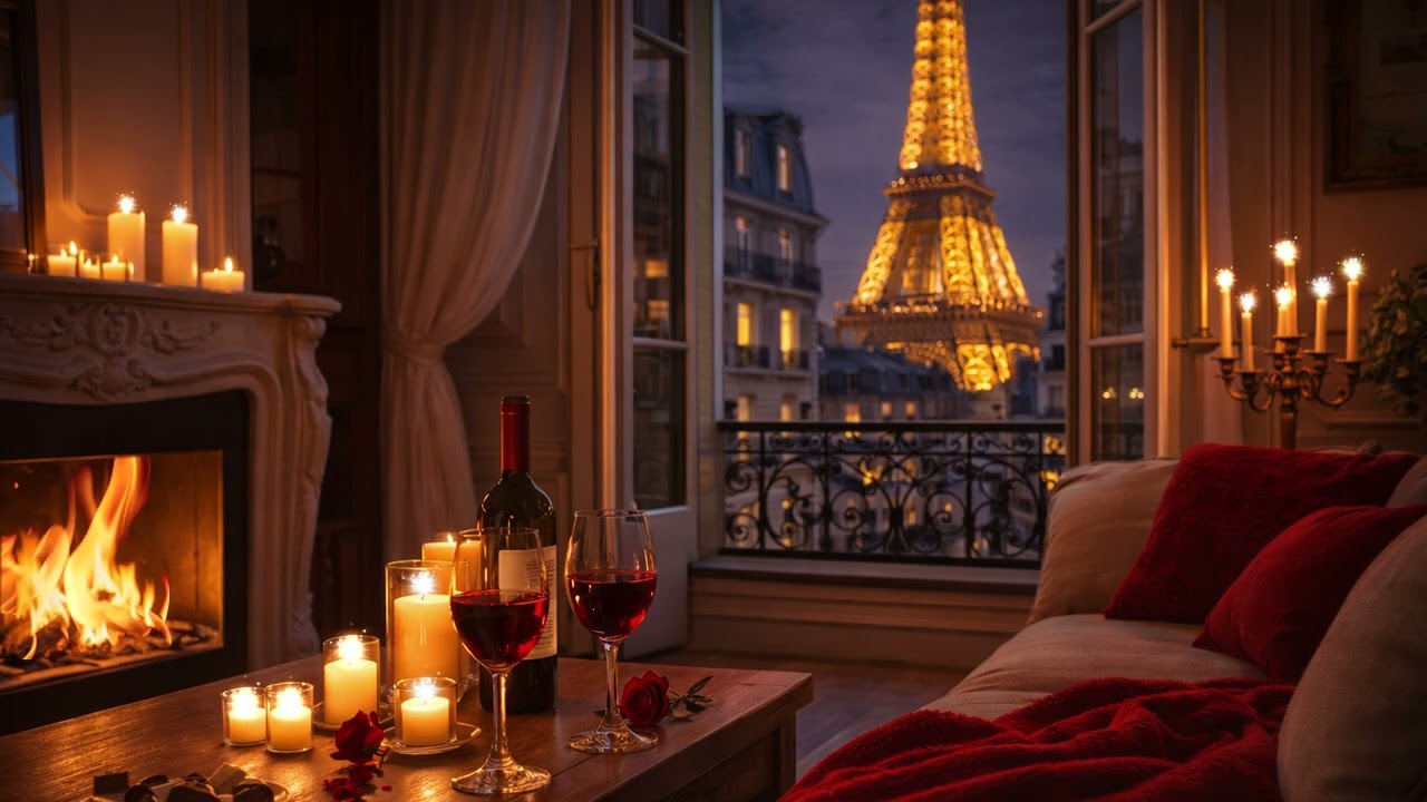 Paris Night Romance 🗼 Cozy Eiffel View | French Jazz, Fireplace & Valentine Ambience (2,30 Hour)