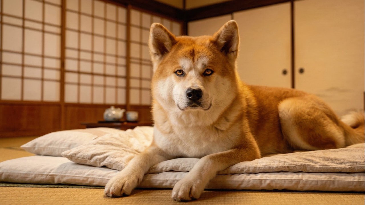 畳の部屋でくつろぐ秋田犬｜静かな家の一日