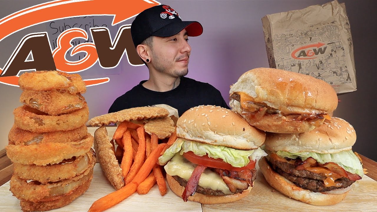 MUKBANG EATING A&W Burger, Double Mozza Burger, Double Teen Burger, Buddy Burger, Onion Rings