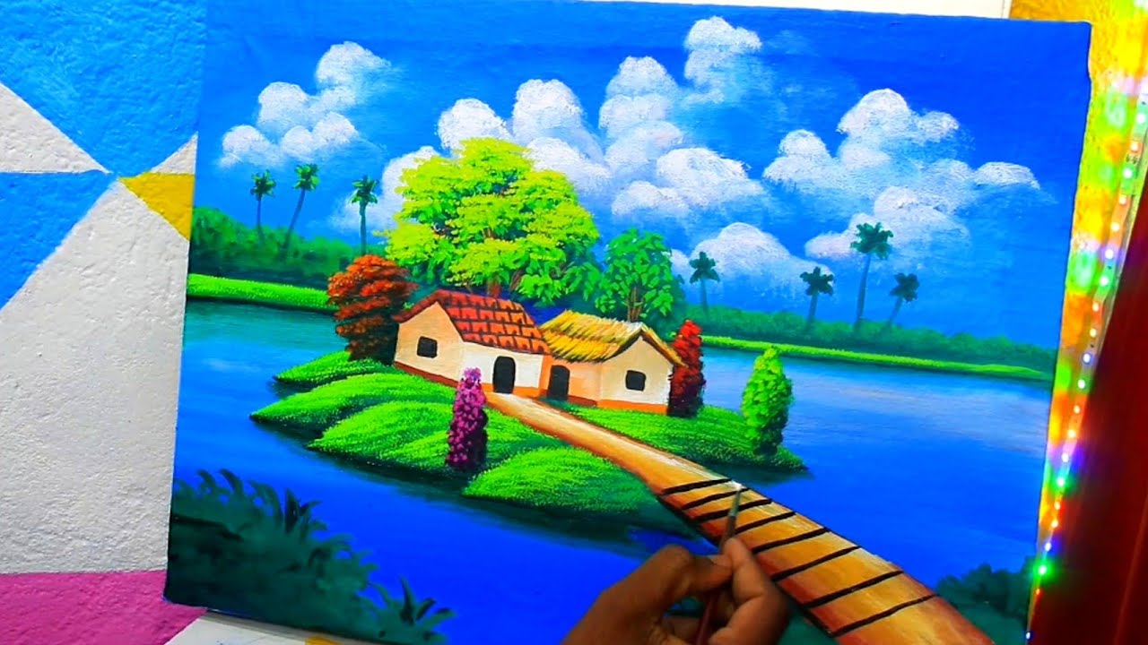 Village drawing and painting | Village river and tress of flowers | drawing of village nature