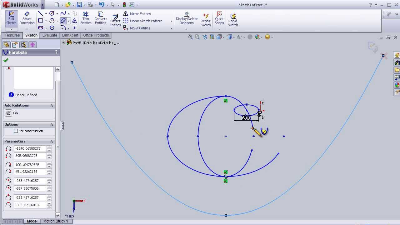 16- SolidWorks Sketch TUTORIAL: ELIPSE,  PARTIAL ELIPSE,  PARABOLA