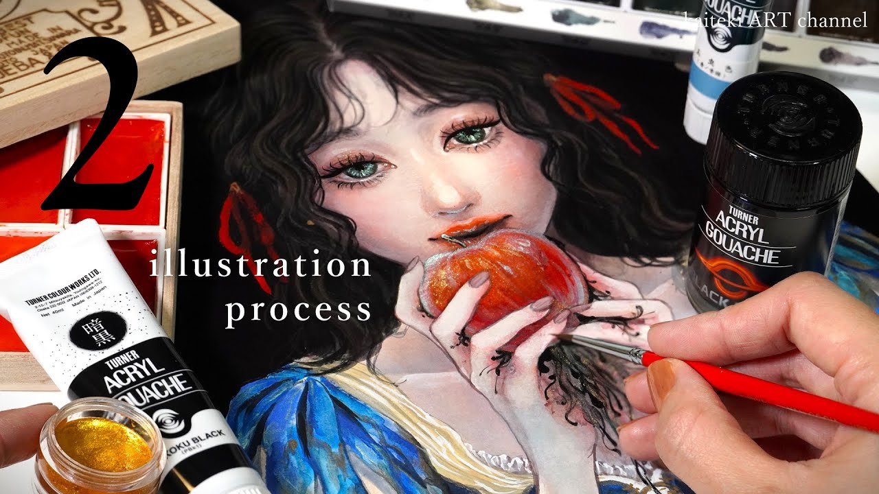 【イラスト】すべてを吸い込む黒で白雪姫を描く Part 2🍎Painting the illustration of Snow White, acrylic gouache, watercolors