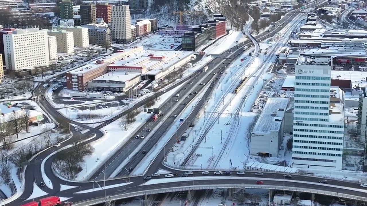 Drone and trains in Almedal. Text below.