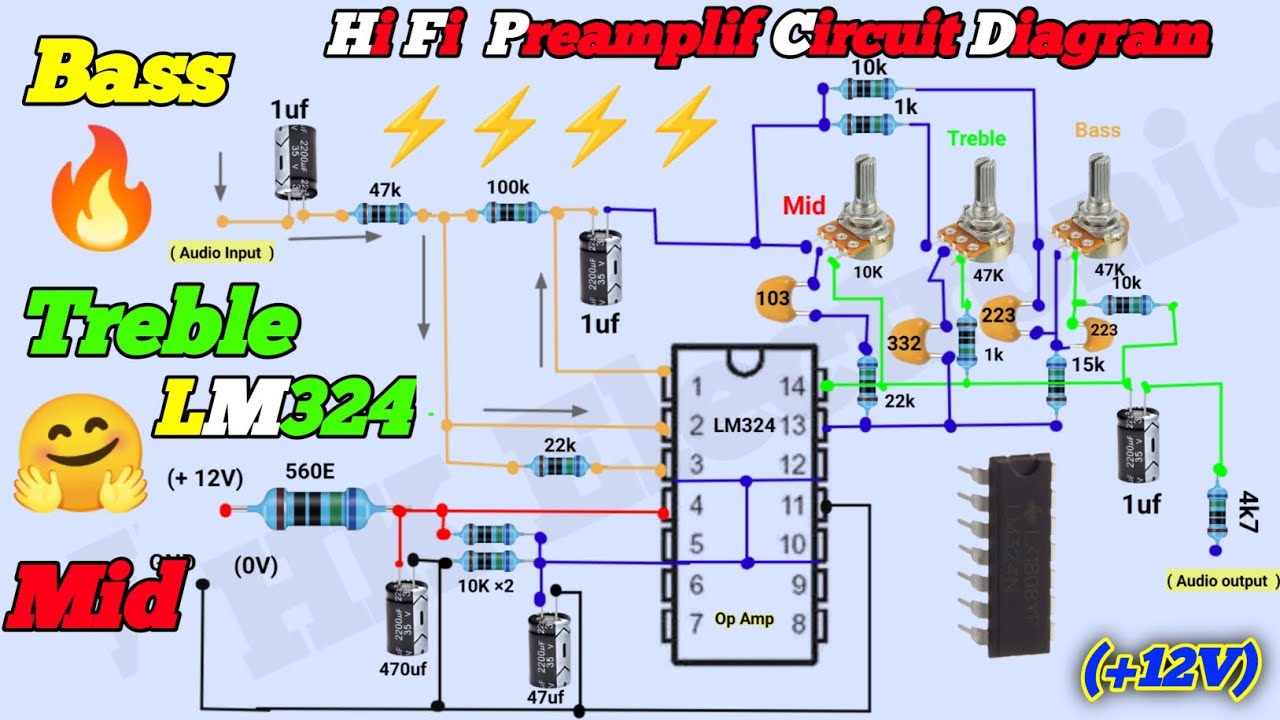 LM324 Ic Bass Trable Mid Control🔥12V Bass Trable Board🔥Hi Wi Low High Mid Frequency Circuit Diagram.
