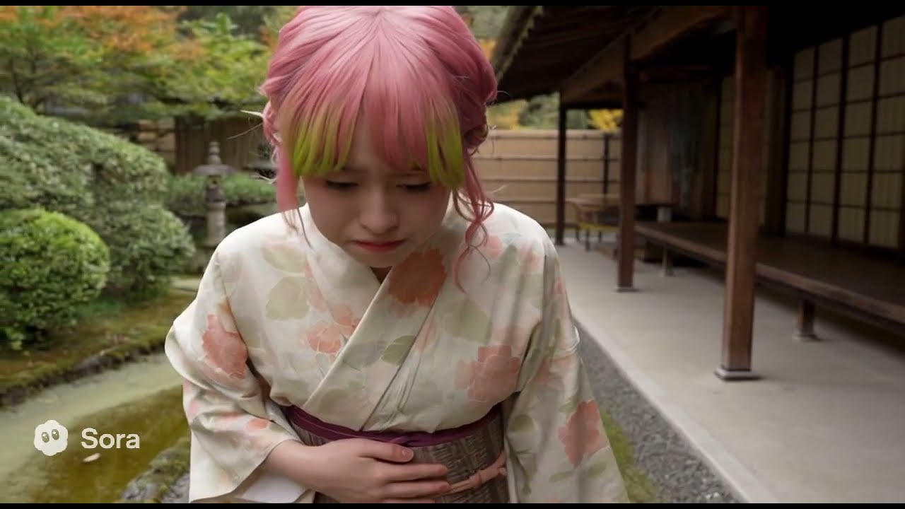 AI動画　着物を着た20代の美人女性が突然の腹痛に苦しんでいる