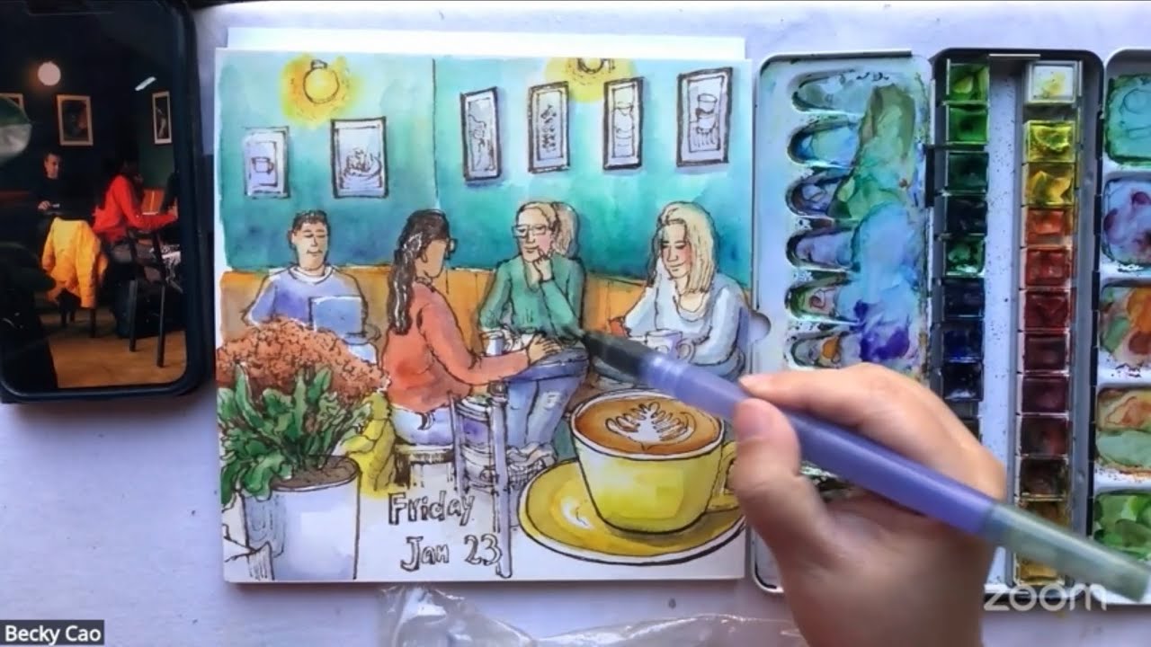 Sketch with Becky: Cozy Cafe with People, Latte, and Flowers