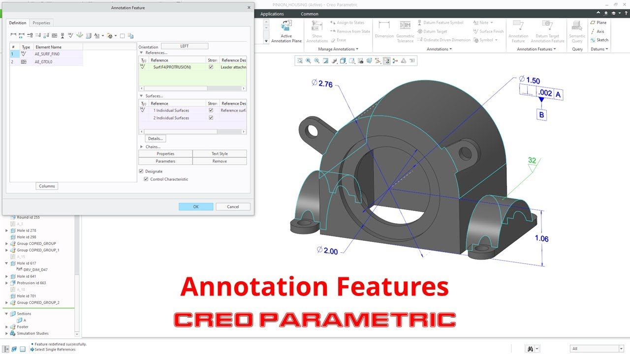 Creo Parametric - Annotation Features - Model Based Definition (MBD)