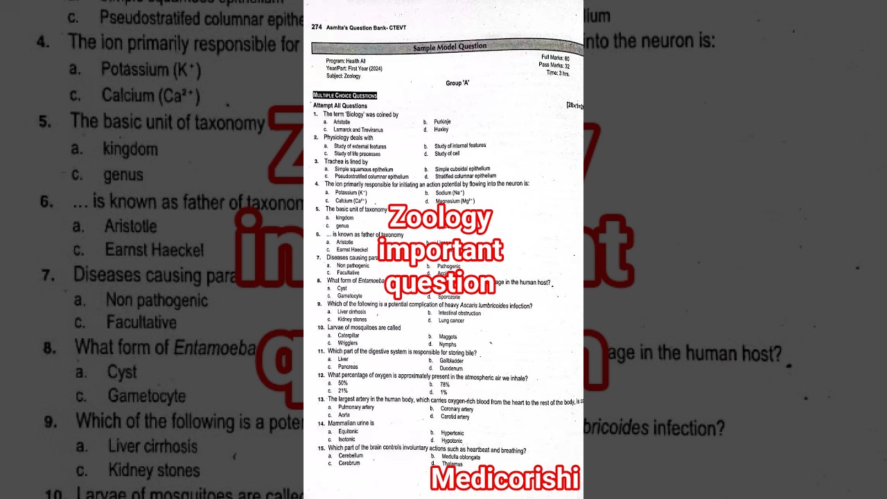 Zoology Important Questions For CTEVT Exam 2082 | First Year Zoology Important Questions
