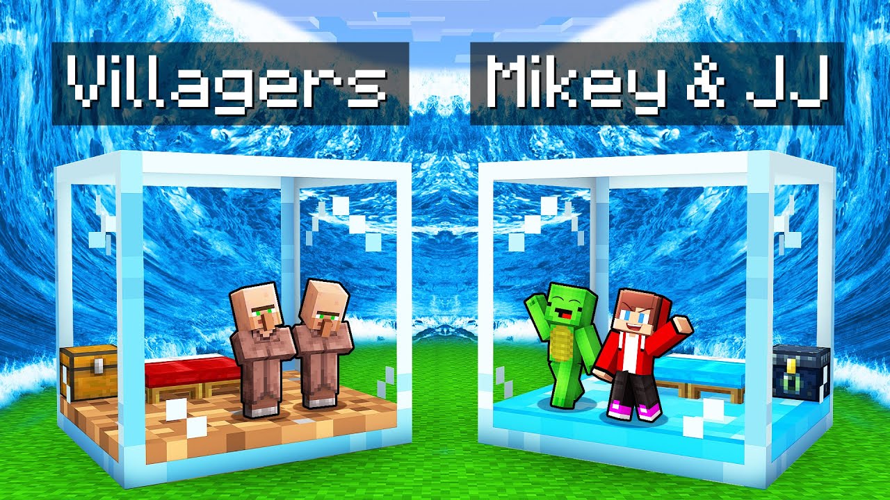 Villlagers POOR & JJ and Mikey RICH GLASS Bunker vs TSUNAMI in Minecraft (Maizen)