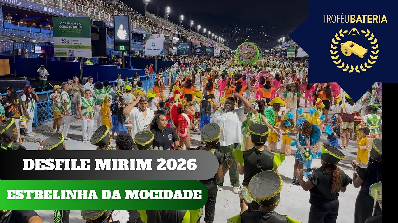 Bateria da Estrelinha da Mocidade no Desfile Mirim oficial de 2026