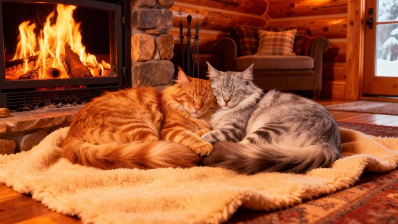 Winter Solitude ❄️ Snow Outside, Fireplace & Gentle Cat Purring