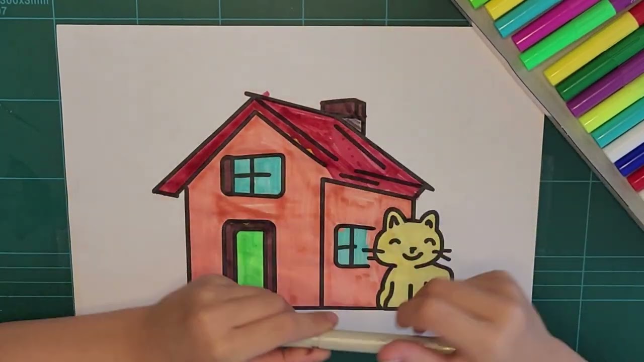 An A.I. generated house and a cat - Coloring by a 6 year old