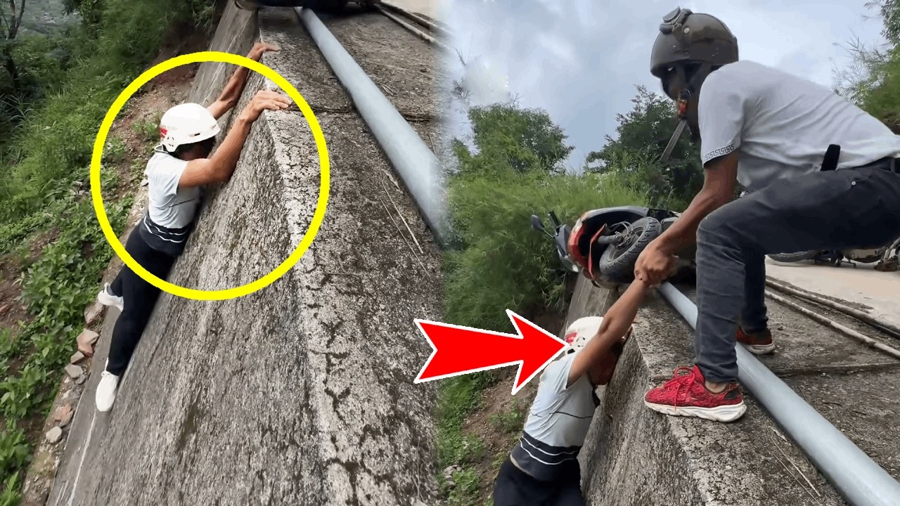 A young man nearly fell off a cliff after his car overturned, but a kind-hearted man saved him.