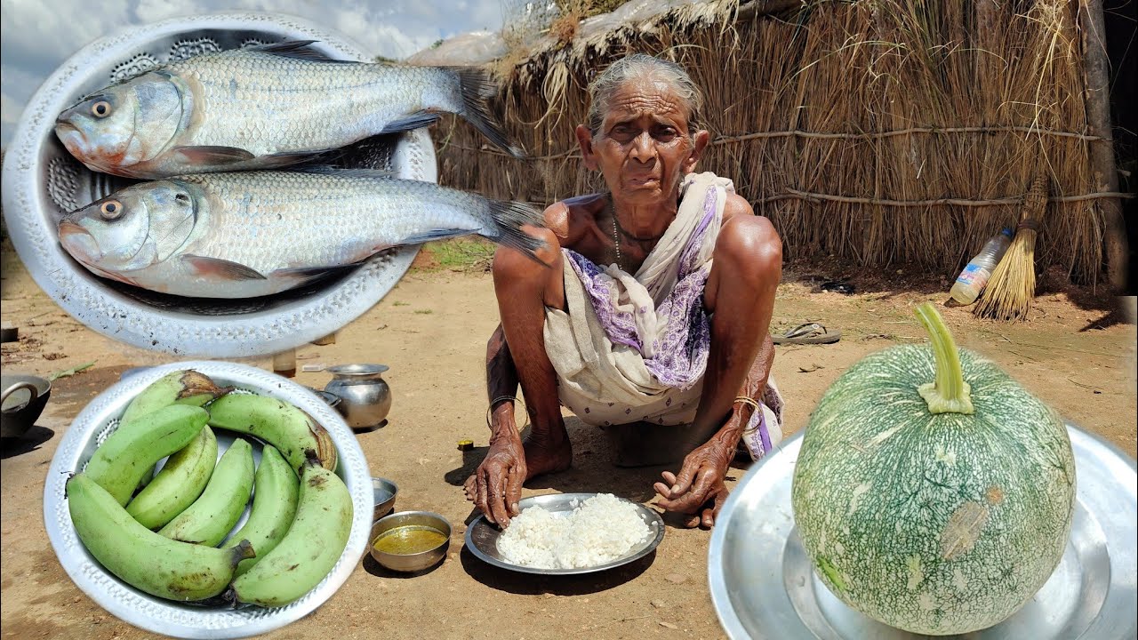 90 year old poor Grandma cooking FISH CURRY with Pumpkin and Banana recipe & eating with rice