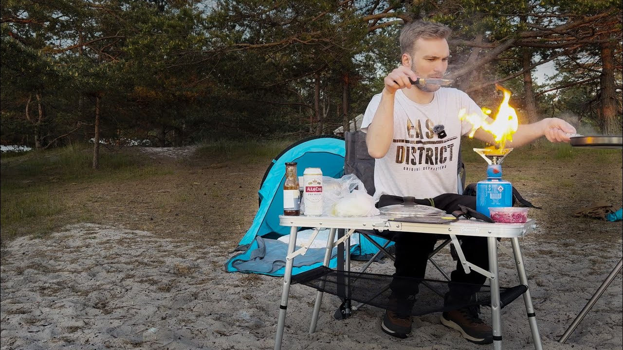 Solo Beach Camping Adventure & Cooking Crispy Salmon at Sunset