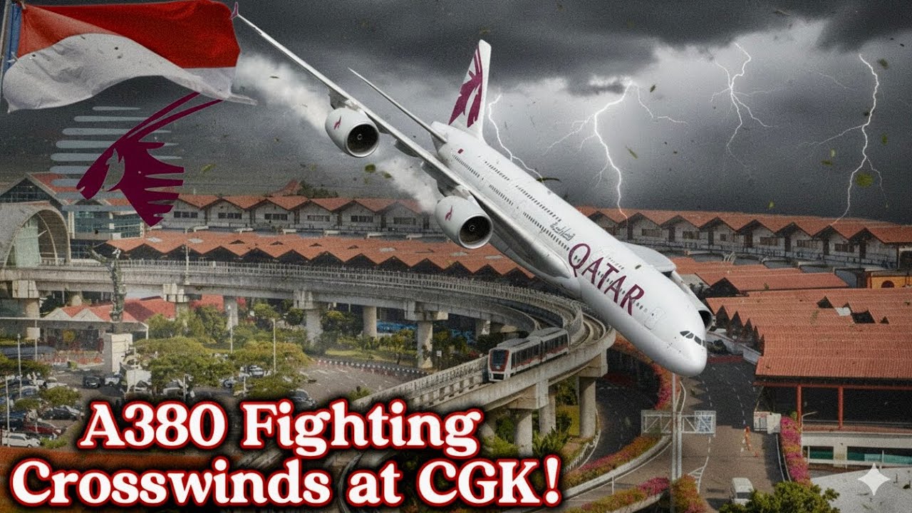 Landing of Qatar Airways Airbus A380 at CGK Airport Indonesia | Smooth Touchdown in Rainy Weather 