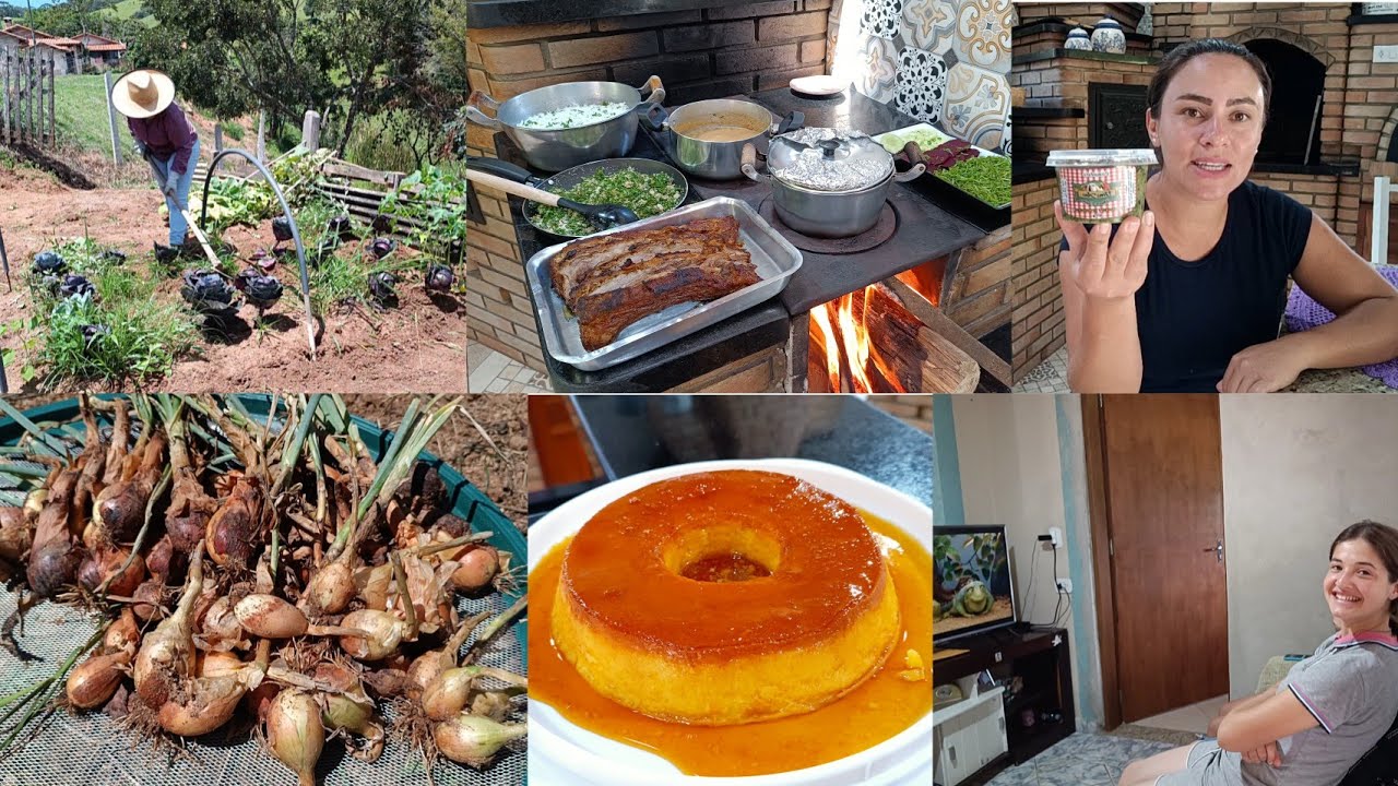COMO É VIVER NO CAMPO?? LIMPEI A HORTA+COLHI CEBOLA/ALMOÇO CAIPIRA+PUDIM E FILME COM AS MENINAS