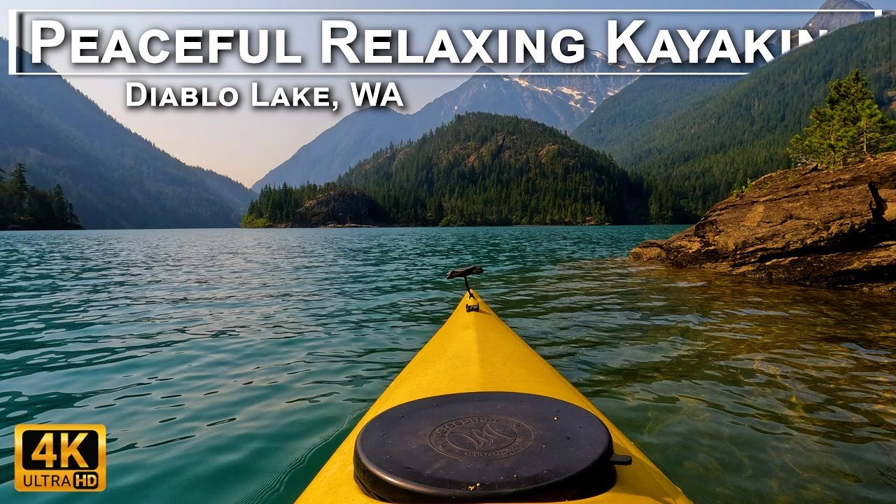 Peaceful Relaxing Kayaking, Diablo Lake 4K - Snowy Peaks, Glacier Blue Water, Paddling, Nature, FPV