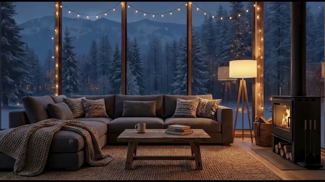 Snowy Mountain Cabin Ambience ❄️ Cozy Night Fireplace & Forest