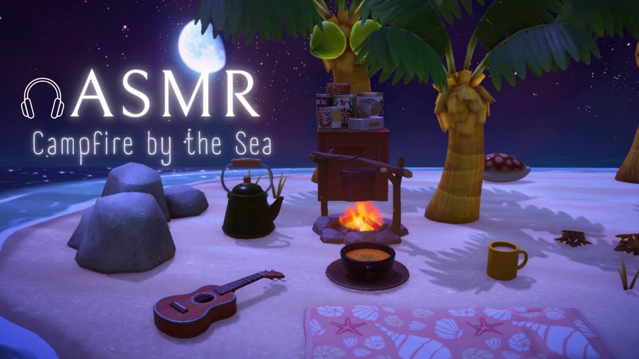 Sleep Aid 🎧 Night Sea ambience▪️Ocean Wave + Crickets + Campfire