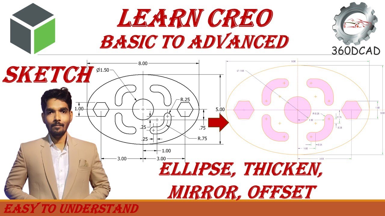 Creo Sketch | Ellipse, Thicken, Mirror, Pallet | In Hindi