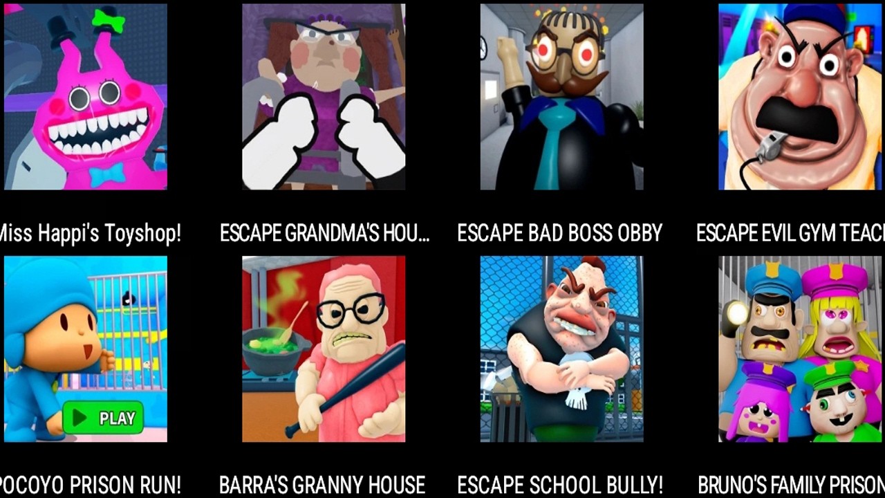 Miss Happi's Toyshop!,ESCAPE GRANDMA'S HOUSE!,ESCAPE BAD BOSS OBBY,ESCAPE EVIL GYM TEACHER!