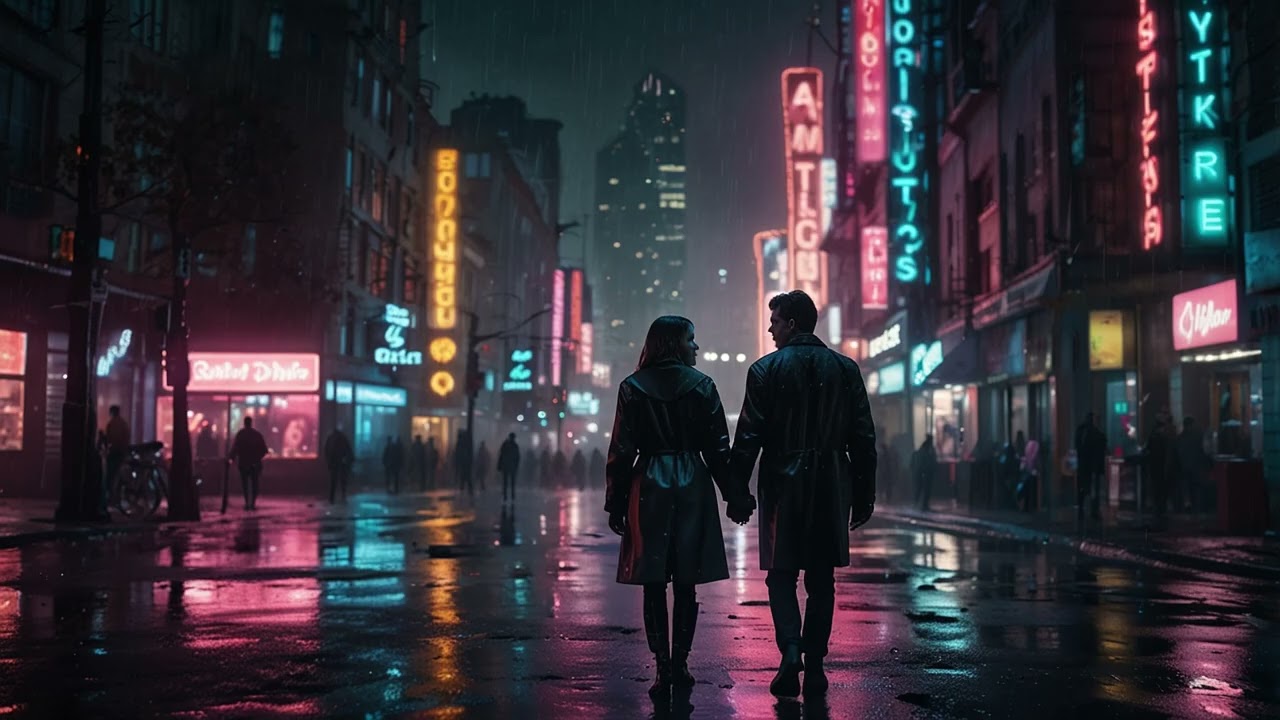 Cyberpunk Neon Rain Stroll | Silent Couple City Screensaver (1 Hour) | Screensaver For TV