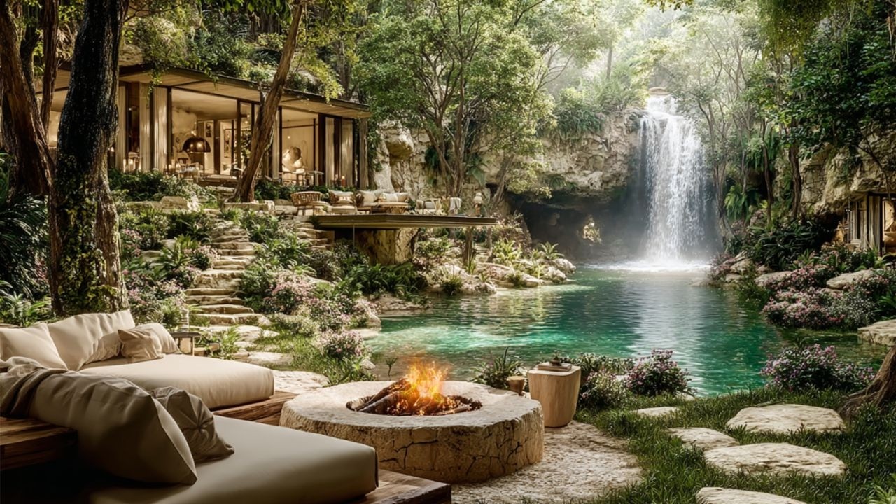 Calm Lagoon Retreat | Waterfall Flow, Forest Birds + Soft Fire Sounds for Focus