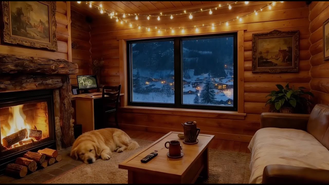 Deep Sleep White Noise Fireplace Sounds | Cozy Cabin | Snowy Window | Sleeping Golden