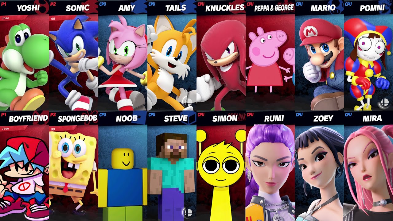 Sonic vs Peppa vs Mario vs SpongeBob vs Roblox vs Minecraft vs Fortnite | Super Smash Bros Ultimate