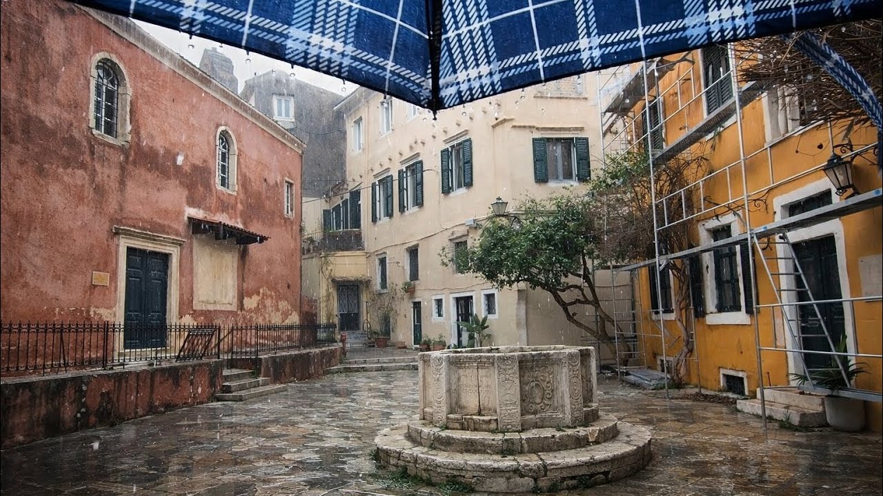 Constant Rain Walk in Corfu Old Town ☔ Binaural ASMR Umbrella Ambience