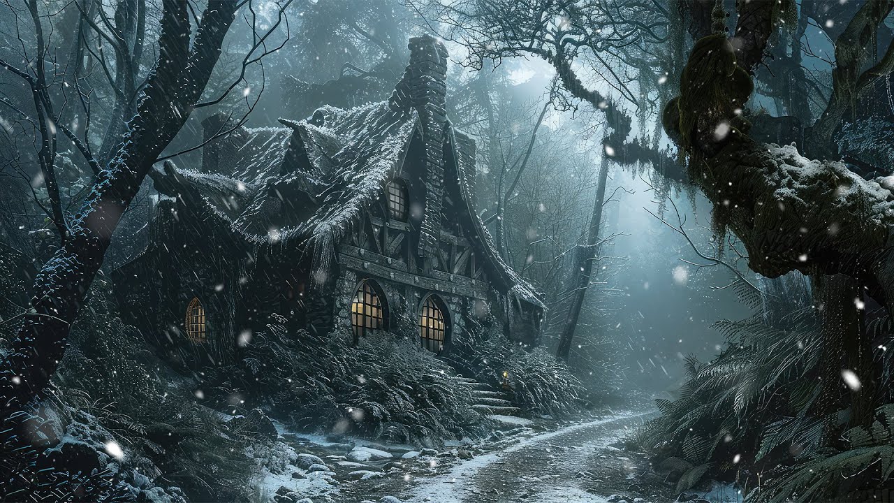 Enchanted Snowfall Forest Cottage — Medieval Celtic Winter Ambience for Calmness, Focus & Deep Rest