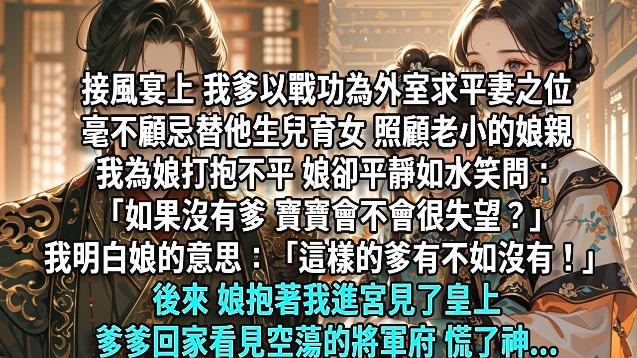 接風宴上，我爹以戰功為外室求平妻之位，毫不顧忌替他生兒育女、照顧老小的娘親。我為娘打抱不平，娘卻平靜如水，笑問：「如果沒有爹，寶寶會不會很失望？」我一下子明白了娘的意思，堅定地說：「這樣的爹，有
