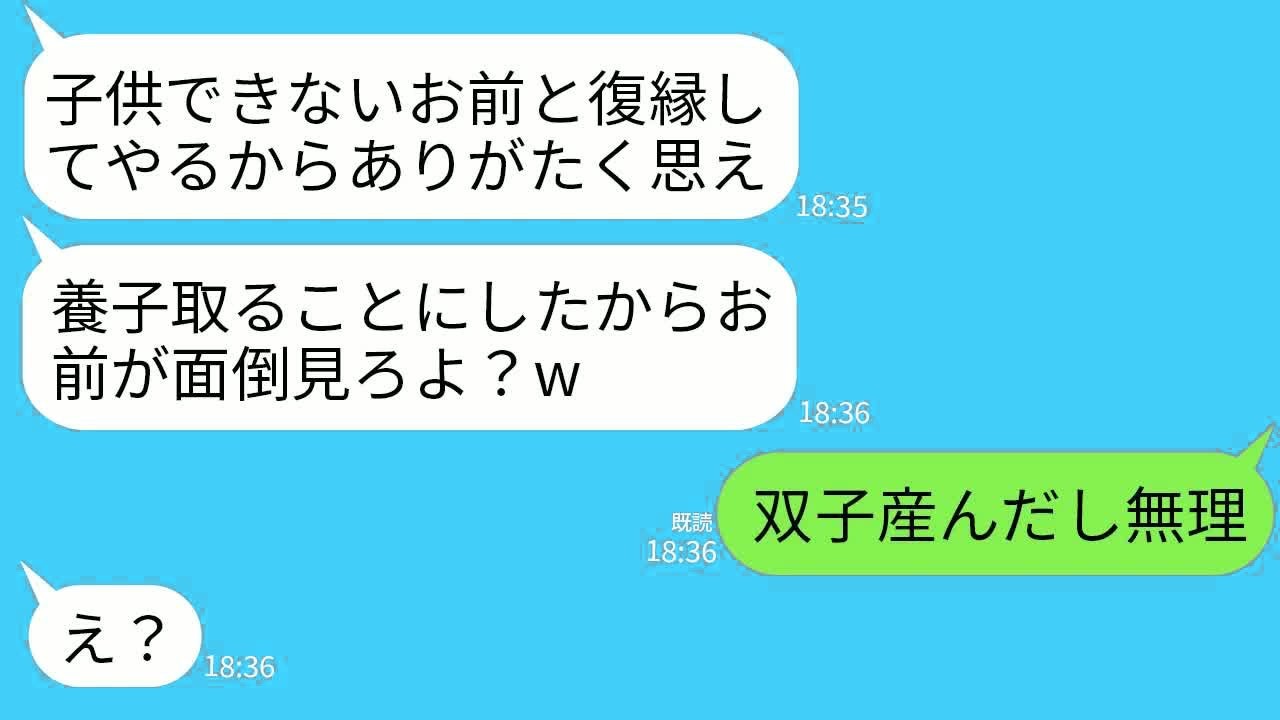【LINE】子供ができない私に唾を吐きかけ離婚通告した夫と姑。2年後、元夫から突然の復縁要請「養子取るから面倒みろw」→勝手すぎるクズ親子に私の現在を伝えた結果www