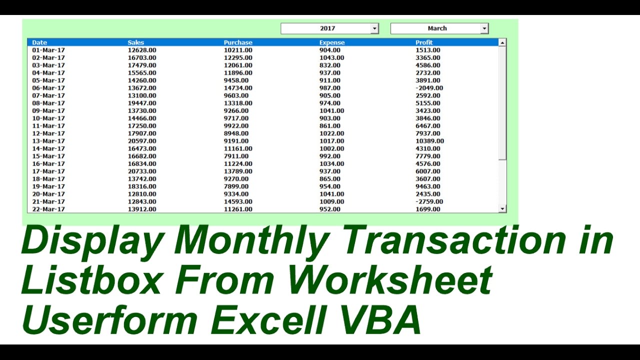 Display Monthly Transaction Listbox From Worksheet Excell VBA