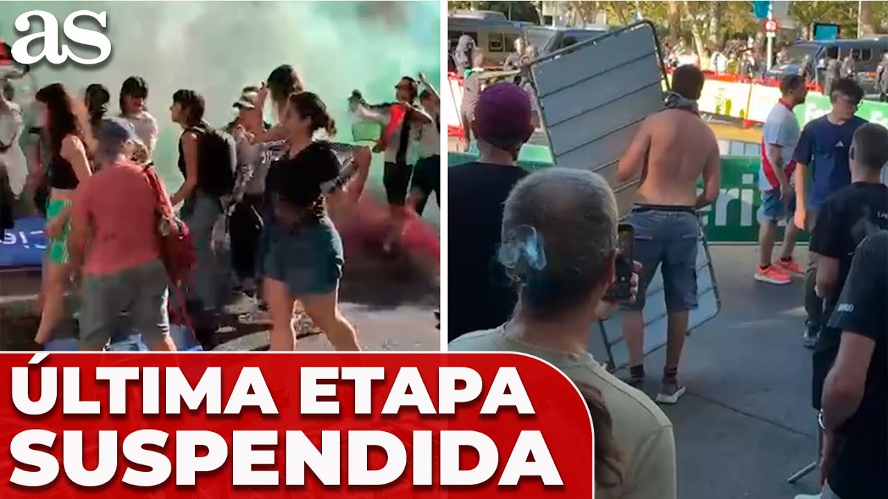 MANIFESTANTES PRO PALESTINA invaden el CIRCUITO, enfrentan la POLICÍA y LA VUELTA suspende la ETAPA