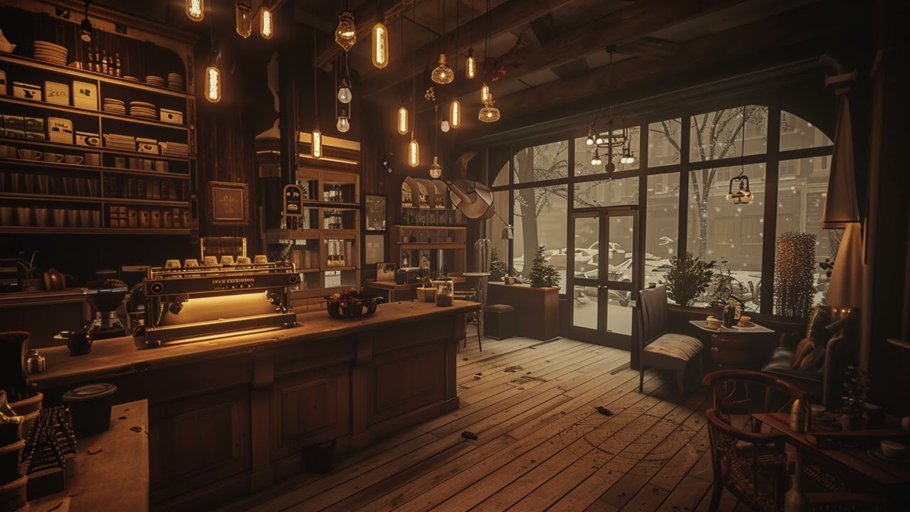 1940s Jazz in a Snowy Village Cafe | Warm Edison Bulbs & Vintage BGM
