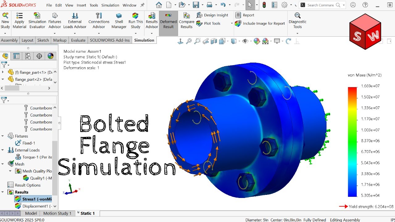 Solidworks Stress Analysis Using Bolt Connections in Flange Assembly