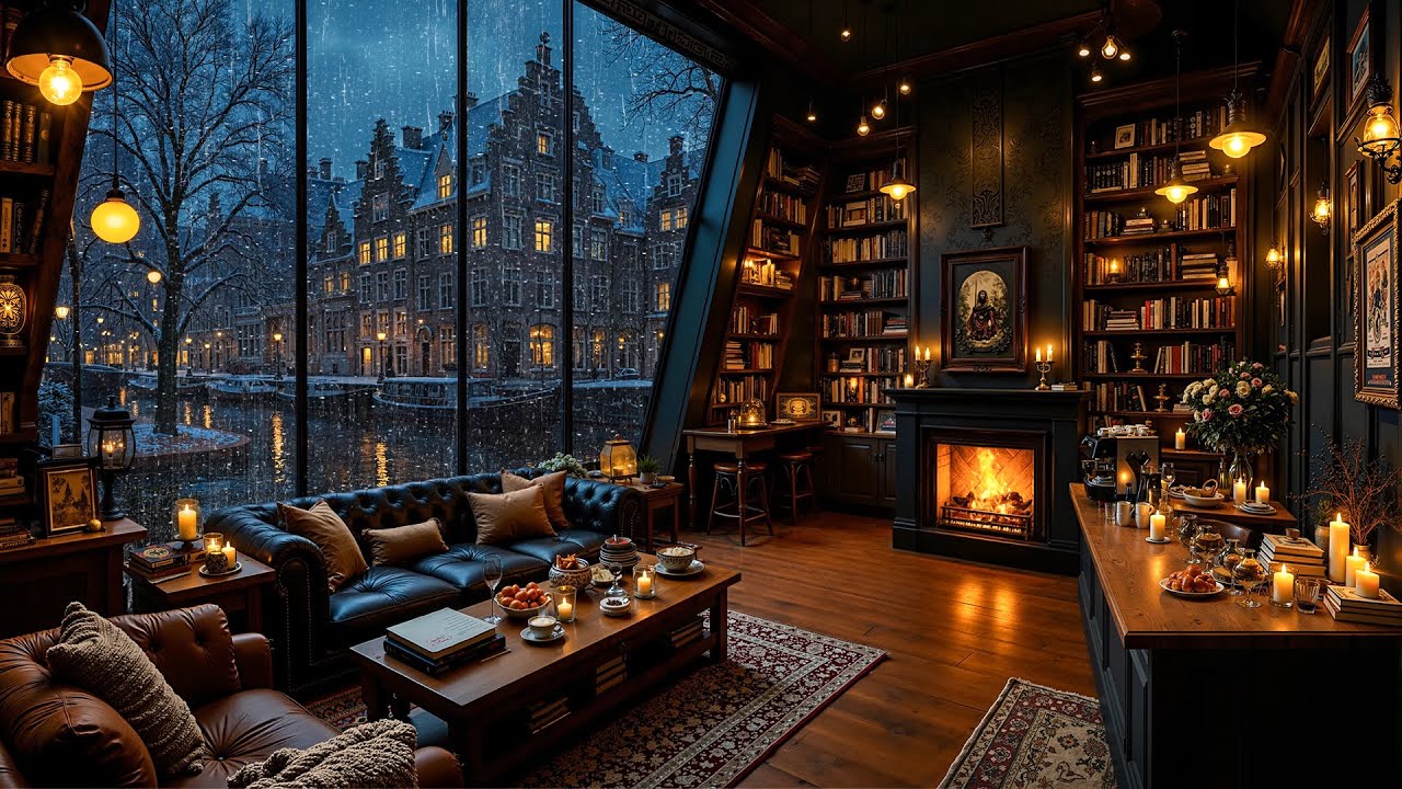 Cozy Cafe Ambience by the Canal 🌧️ Smooth Jazz Instrumental Music & Gentle Rain for Sleep, Unwind
