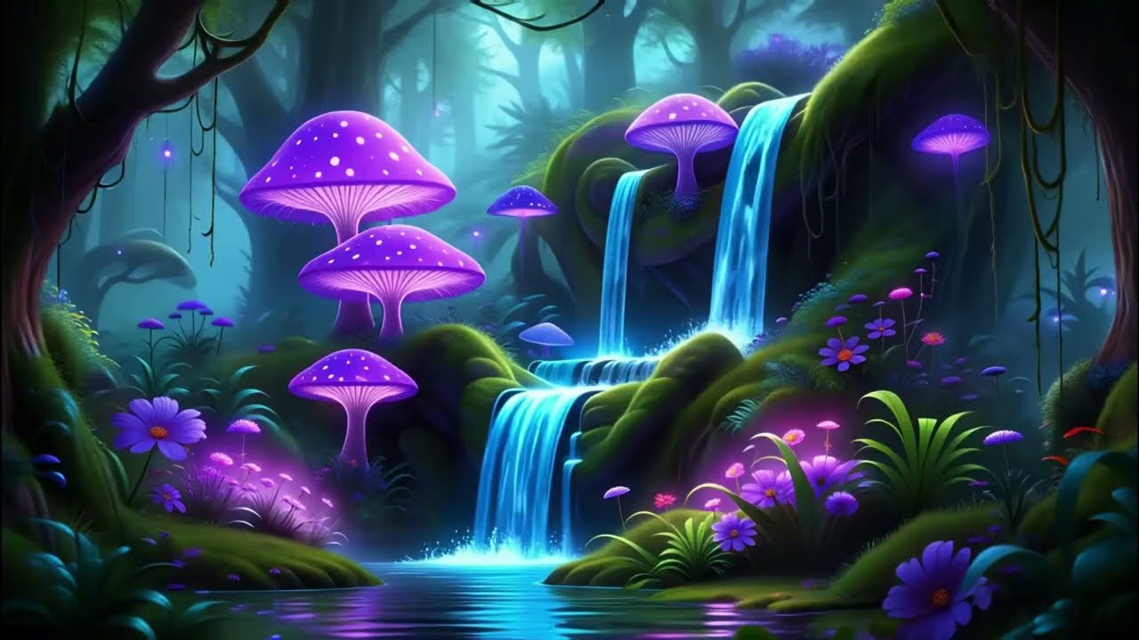 Dreamy Fantasy Waterfall 🍄💧 Relaxing Sounds & Ambient Music for Deep Sleep & Calm Mind