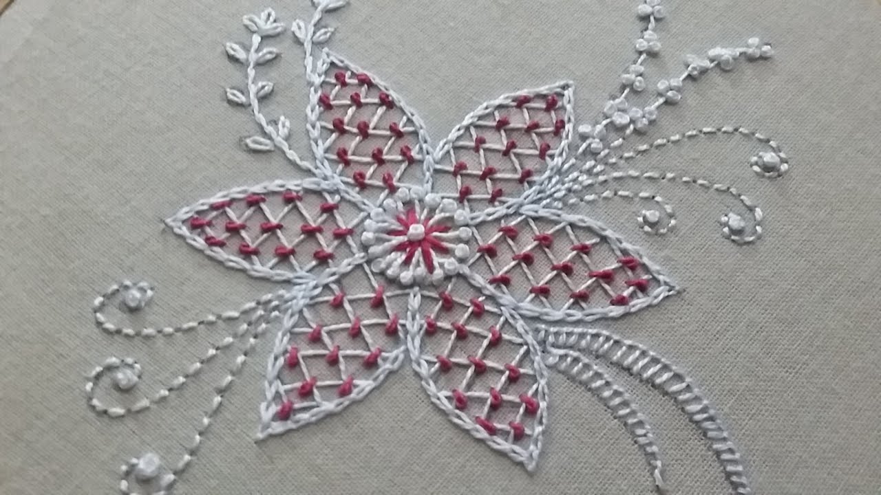 Hand embroidery of a flower pattern with net stitch