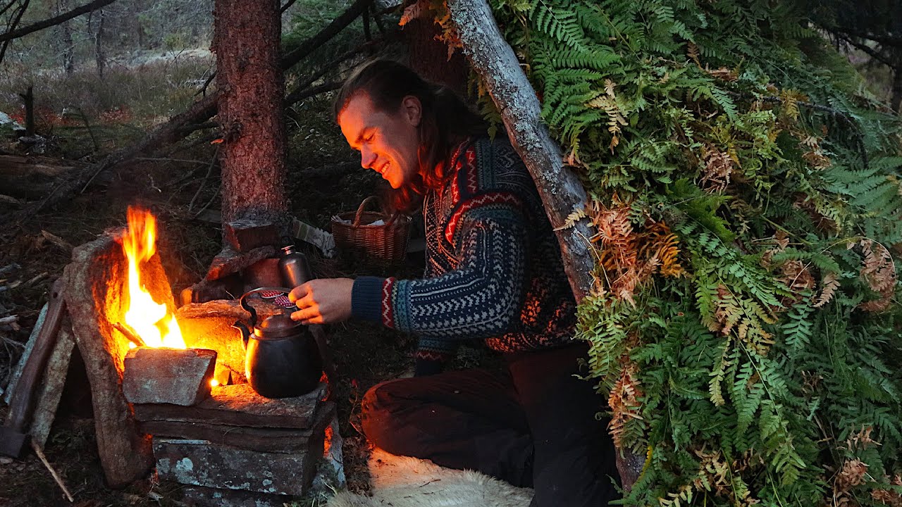 Building a HIDDEN Survival Shelter with a Stone Fireplace: Nordic Forest
