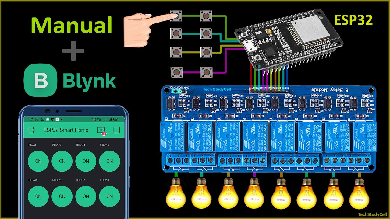 Smart Home Automation using Blynk & ESP32 IoT projects | WiFi & Manual control 8 Relays