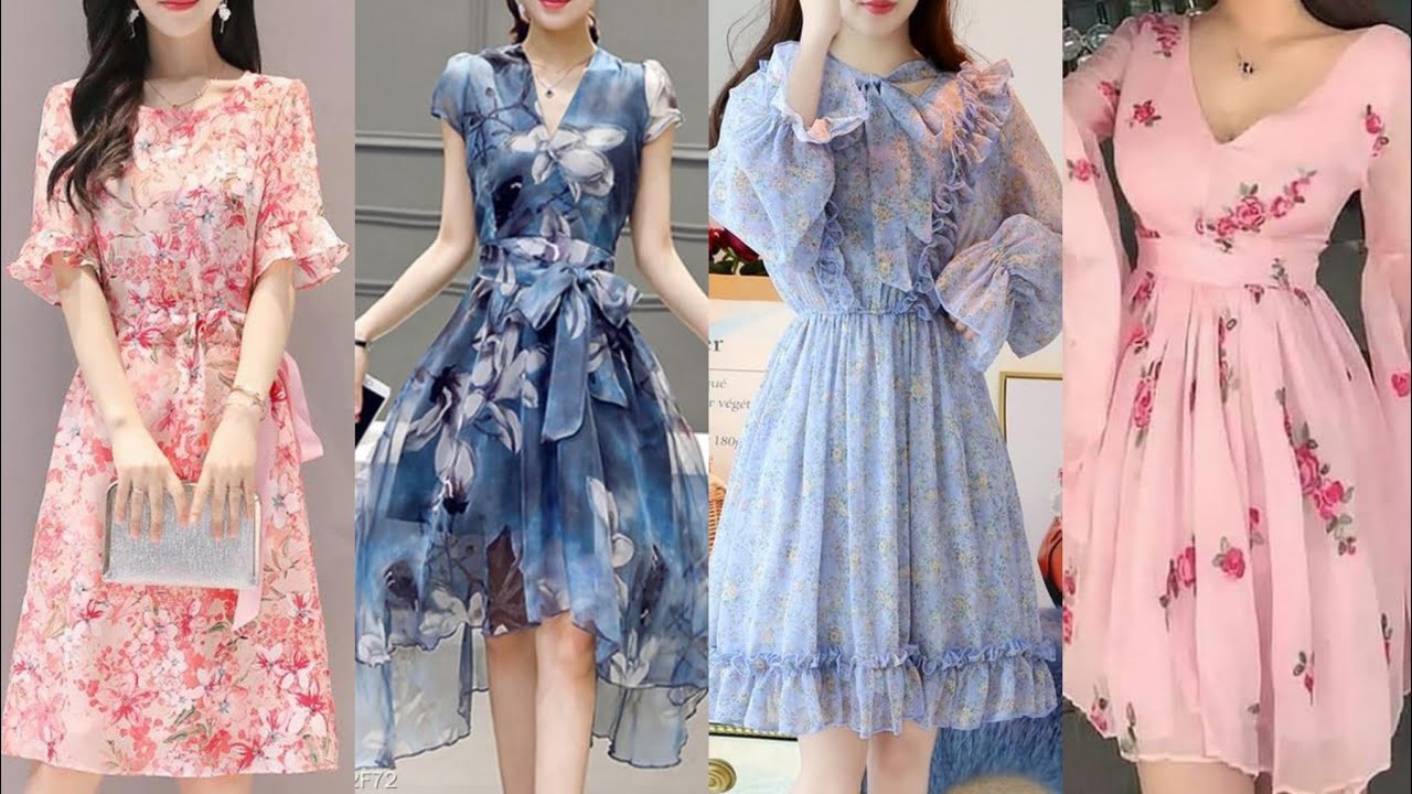 Top Stylish Floral Print Chiffon Middi Dresses//Modern Style Skater Dresses