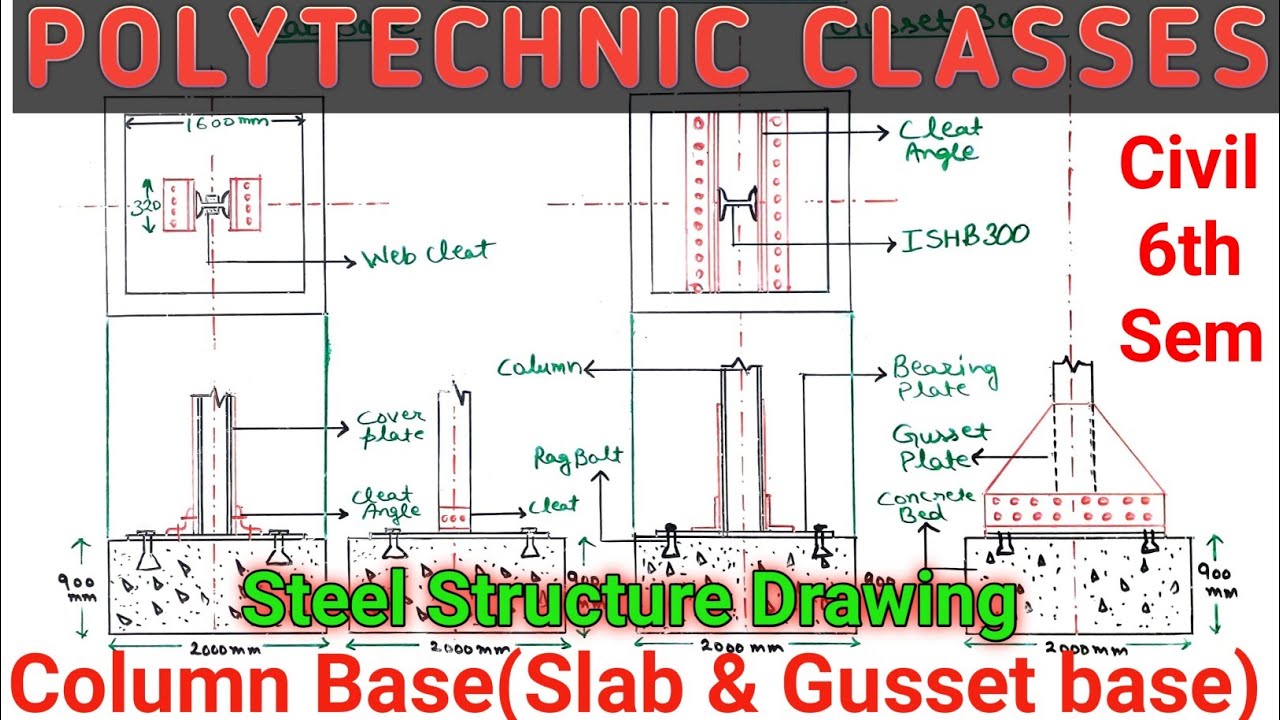 Column Base ( Slab & Gusset base)  , Steel Structure Drawing , Civil 6th sem
