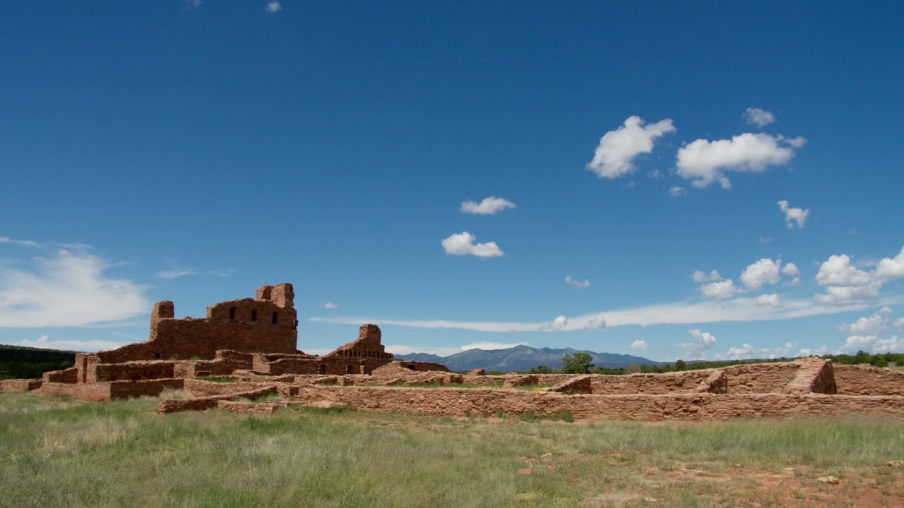 Abo Pueblo Mission Ruins in New Mexico, USA. 4k UHD. Scenic & relaxing Southwestern Grasslands.