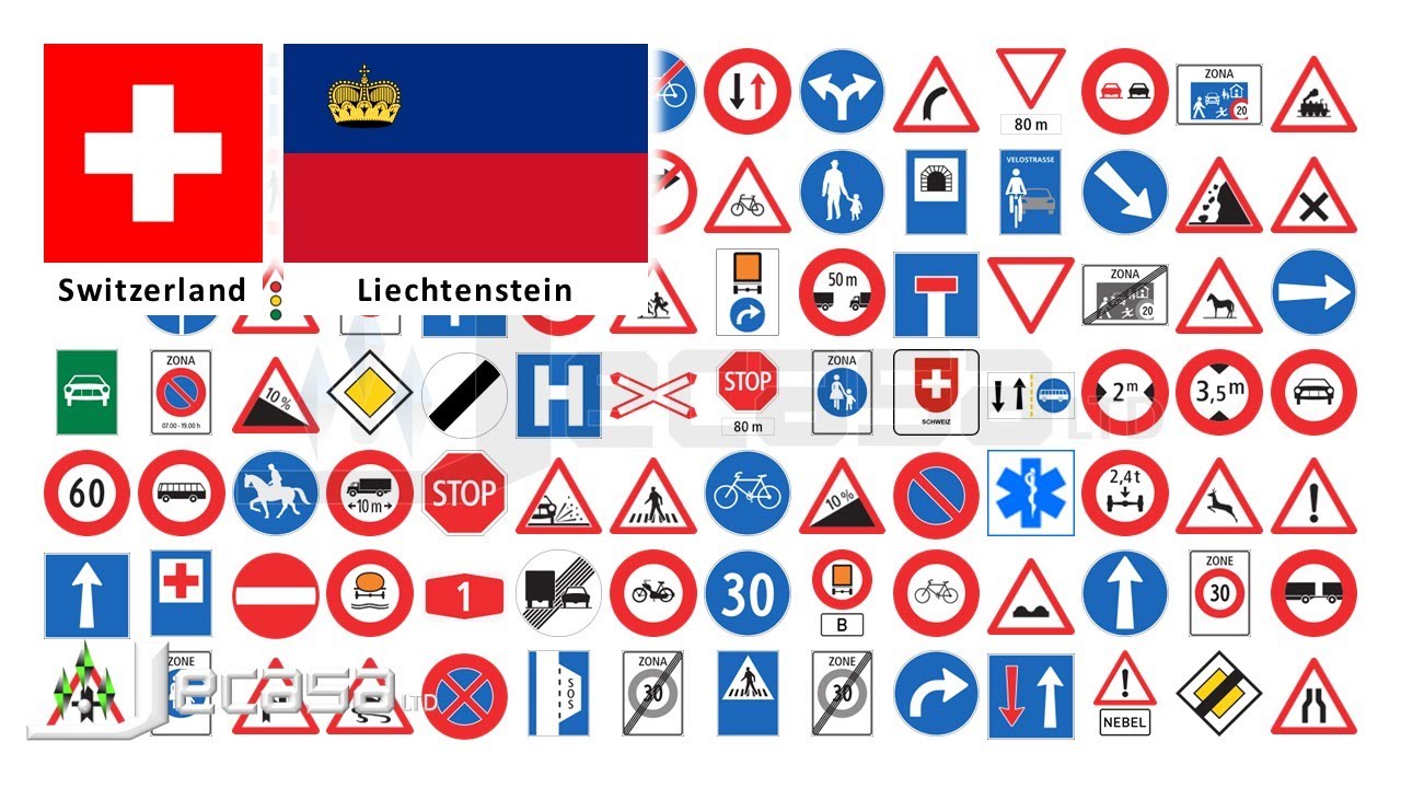 Traffic-Road Signs in Switzerland (Zurich, Geneva, Basel, Lausanne, Bern) and Liechtenstein (Schaan)