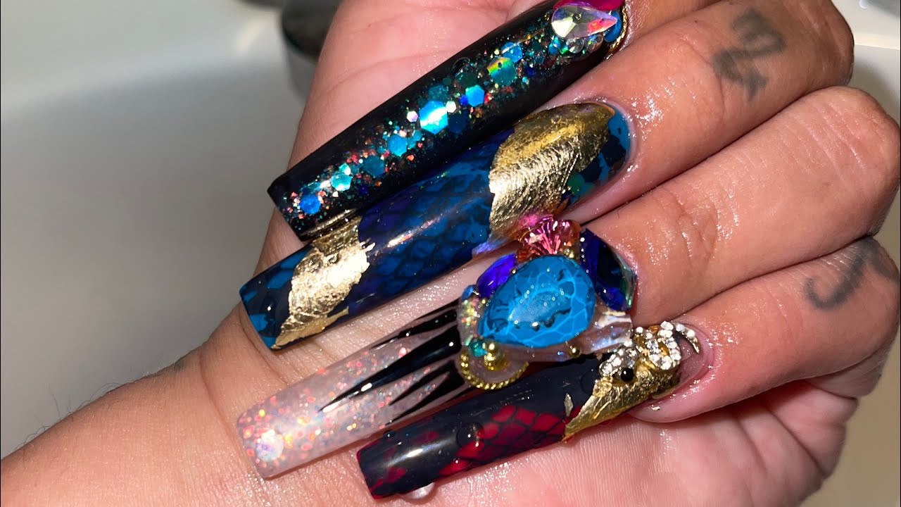 Watch me do my nails | XXL STRAIGHT C CURVE TIPS | SNAKE PRINT TRANSFER FOIL | BLING APPLICATION