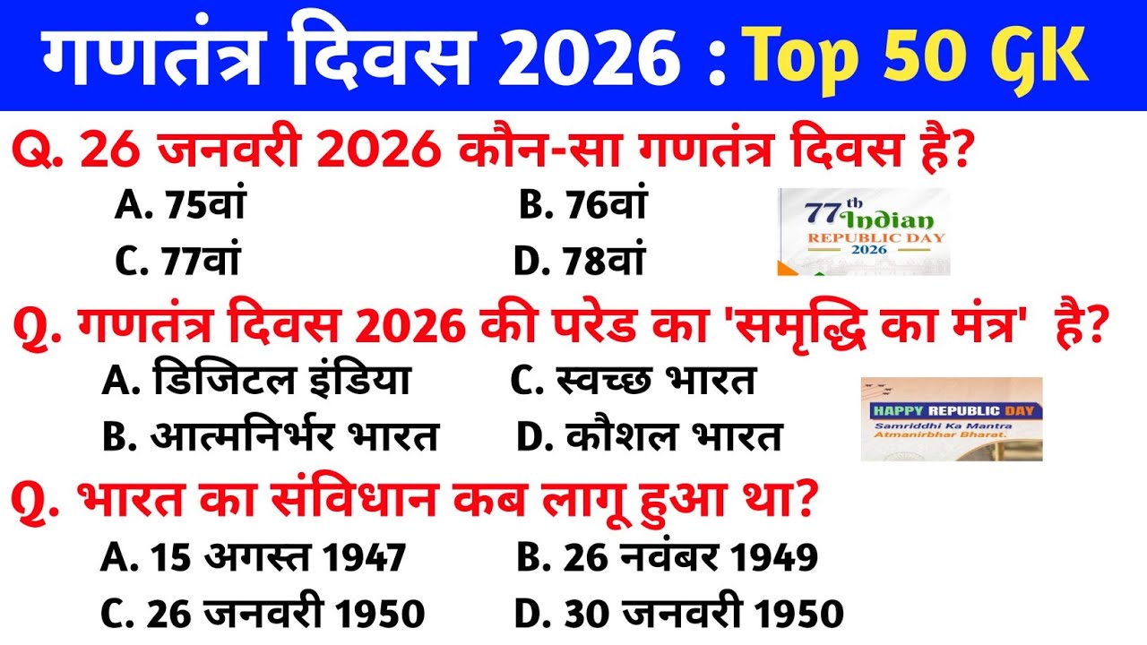 गणतंत्र दिवस 2026 Gk || Republic day 2026 important questions || gk question in hindi 